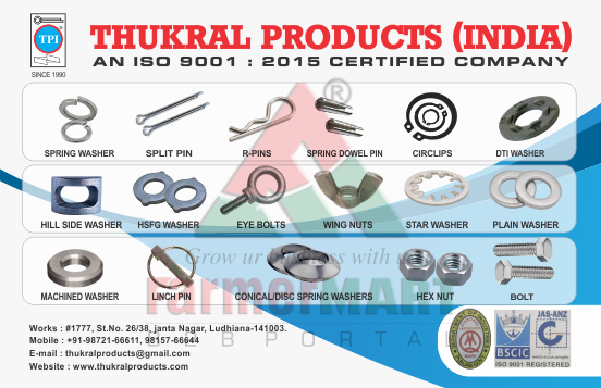 Spring Washer, Split Pin, R-Pin, Circlips, Spring Dowel Pin, DTI Washer, Hill Side Washer, HSFG Washer, Eye Bolts, Wing Nut, Star Washer, Plain Washer, Machined Washer, Linch Pin, Hex Nut, Bolts And Disc Spring Washer